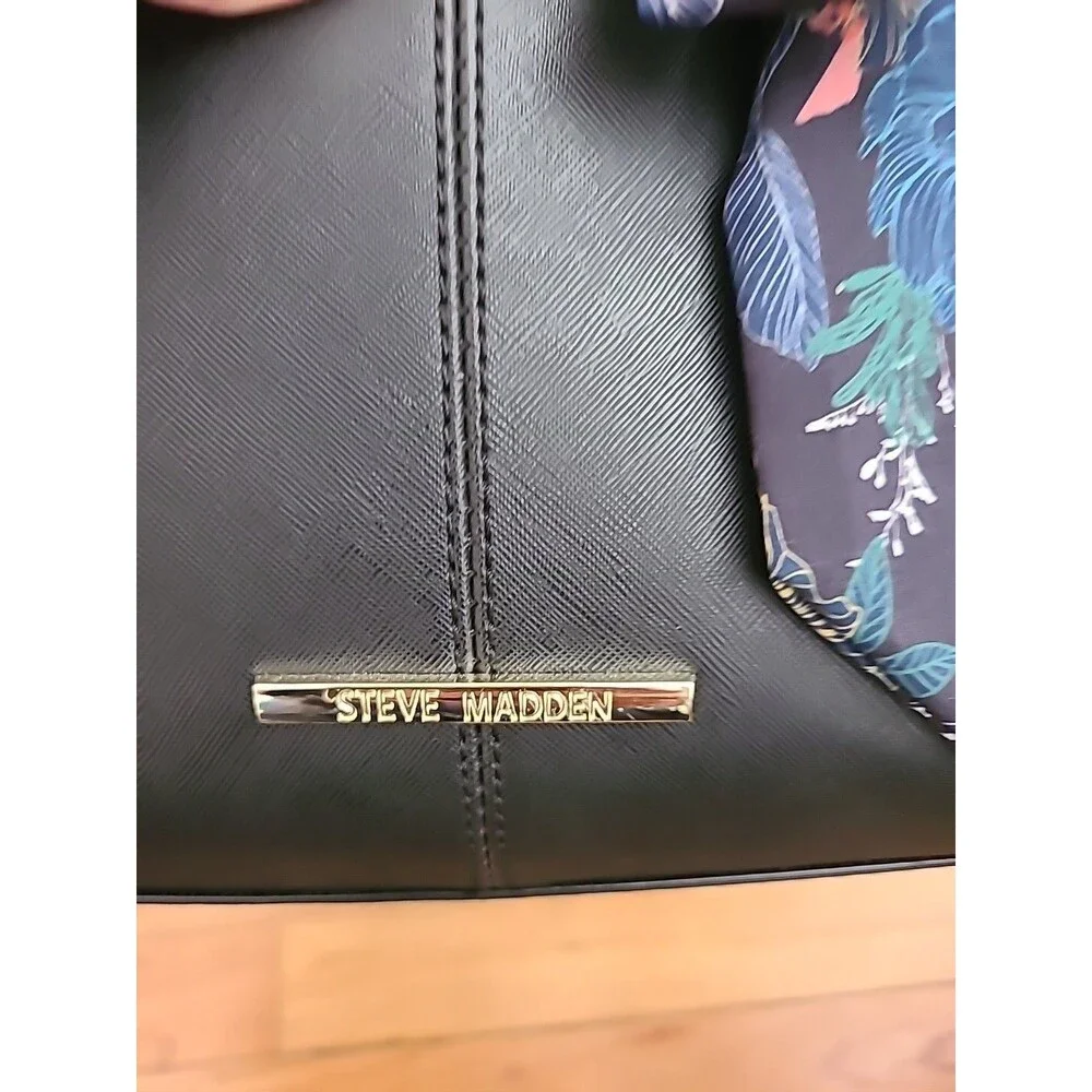 Steve Madden satchel crossbody bag Black Ribbon Gold zipper pockets - Picture 5 of 16